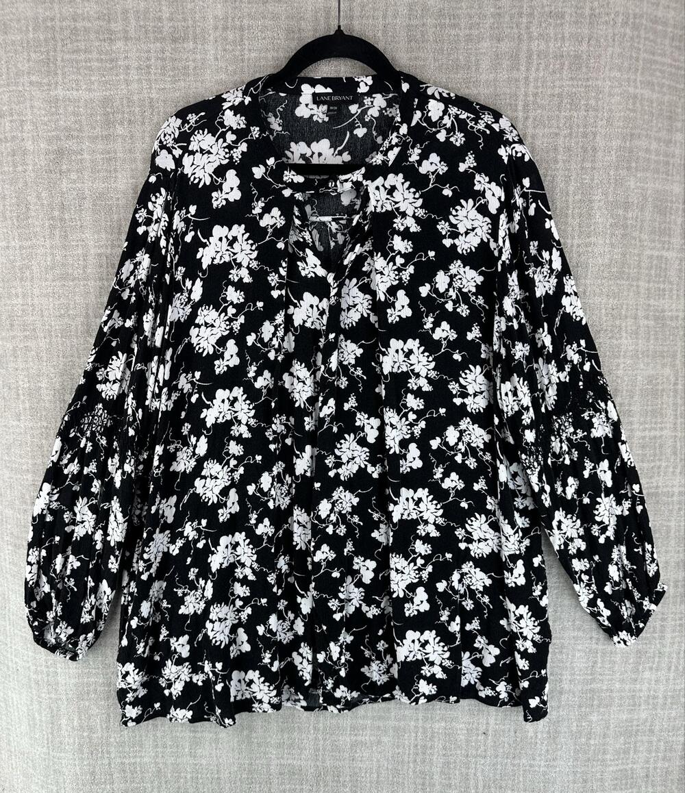 Lane Bryant Blouse Womens 18/20 Black Floral Round Neck Balloon Sleeve Woven